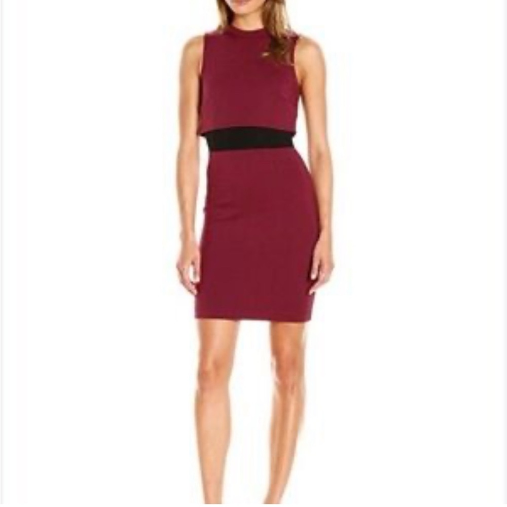 French Connection Red and Black Mock Neck Sheath Dress